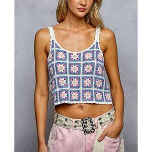 POL Blue Pink Crochet Granny Square Sleeveless Crop Top NEW